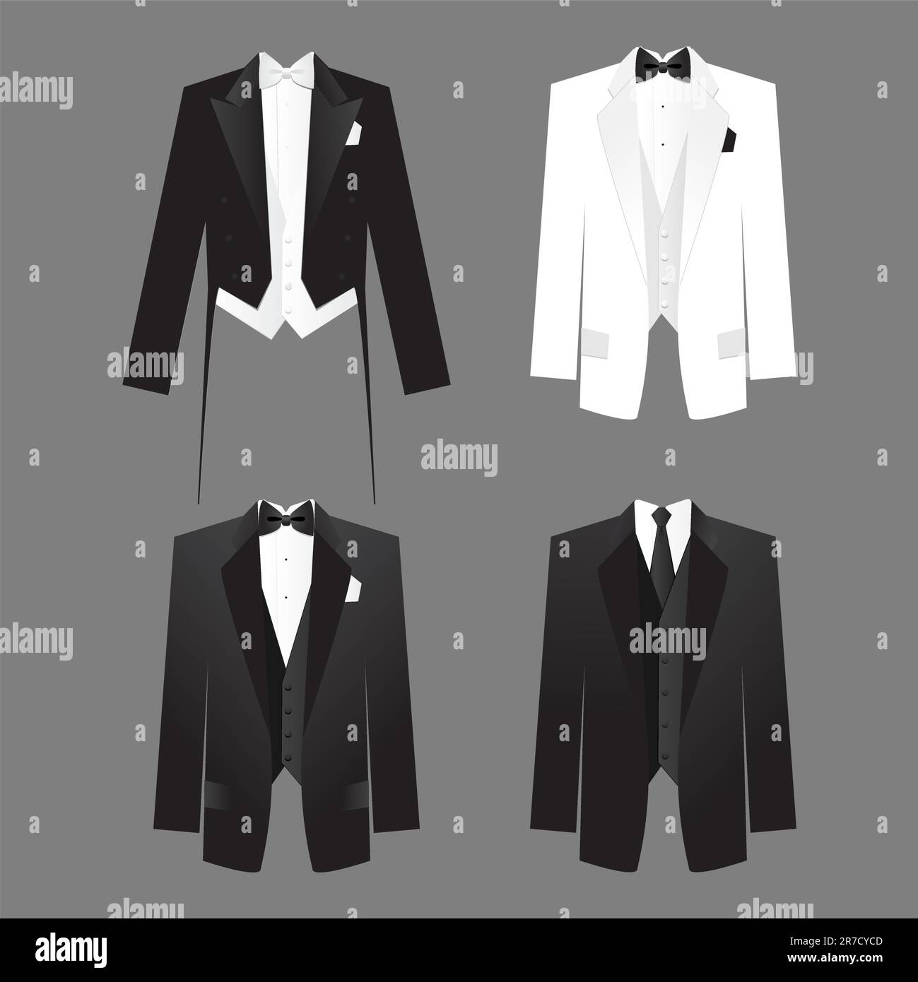 Dress code for men - male costume: tails, tuxedo, dress suit.  Options along for the soiree, presentations, business meetings, parties, etc. Stock Vector