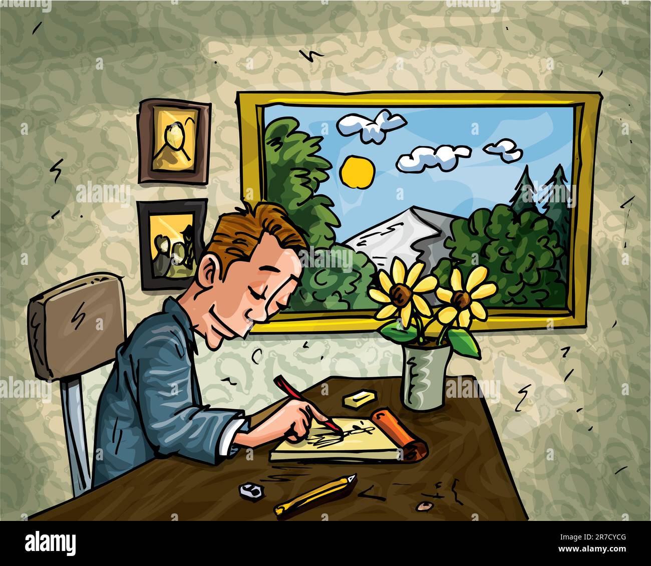 Cartoon man doodling at his desk. A window behind him overlooking countryside Stock Vector