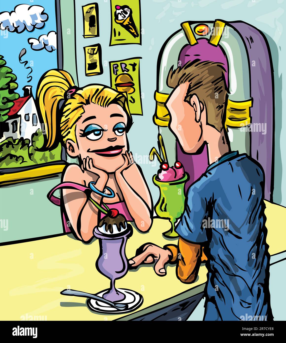 Cartoon of boy and girl on a date in a Soda shop Stock Vector