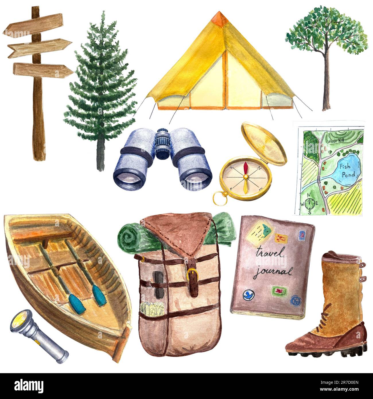 Travel campsite set isolated on white objects Stock Photo - Alamy