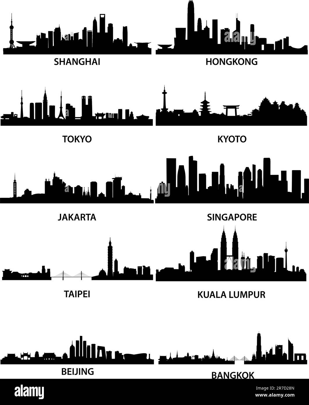 detailed vector illustration of different asian cities Stock Vector
