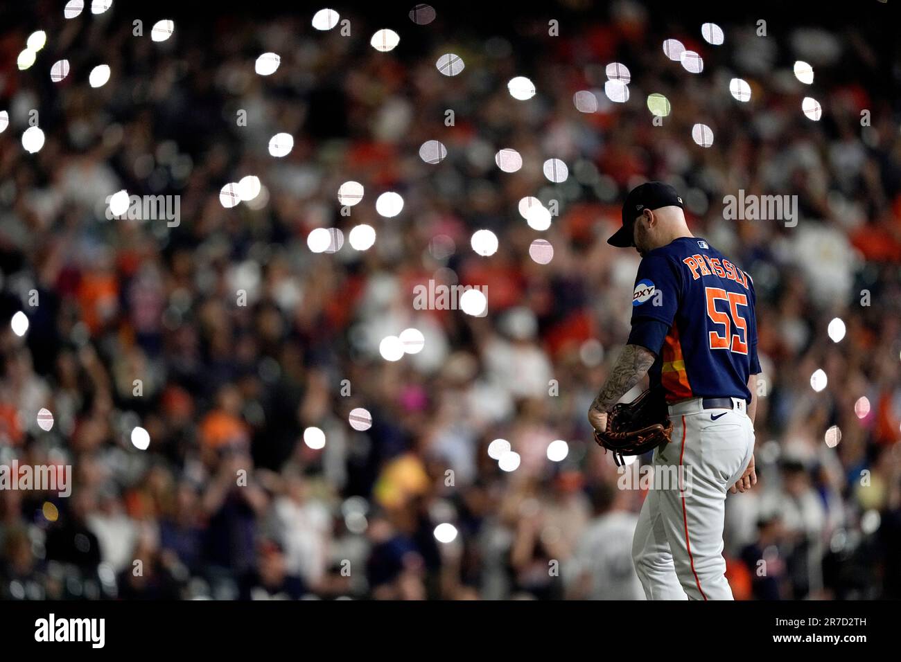 Houston Astros relief pitcher Ryan Pressly takes the mound during the ninth  inning of a baseball game against the Washington Nationals Wednesday, June  14, 2023, in Houston. (AP Photo/David J. Phillip Stock