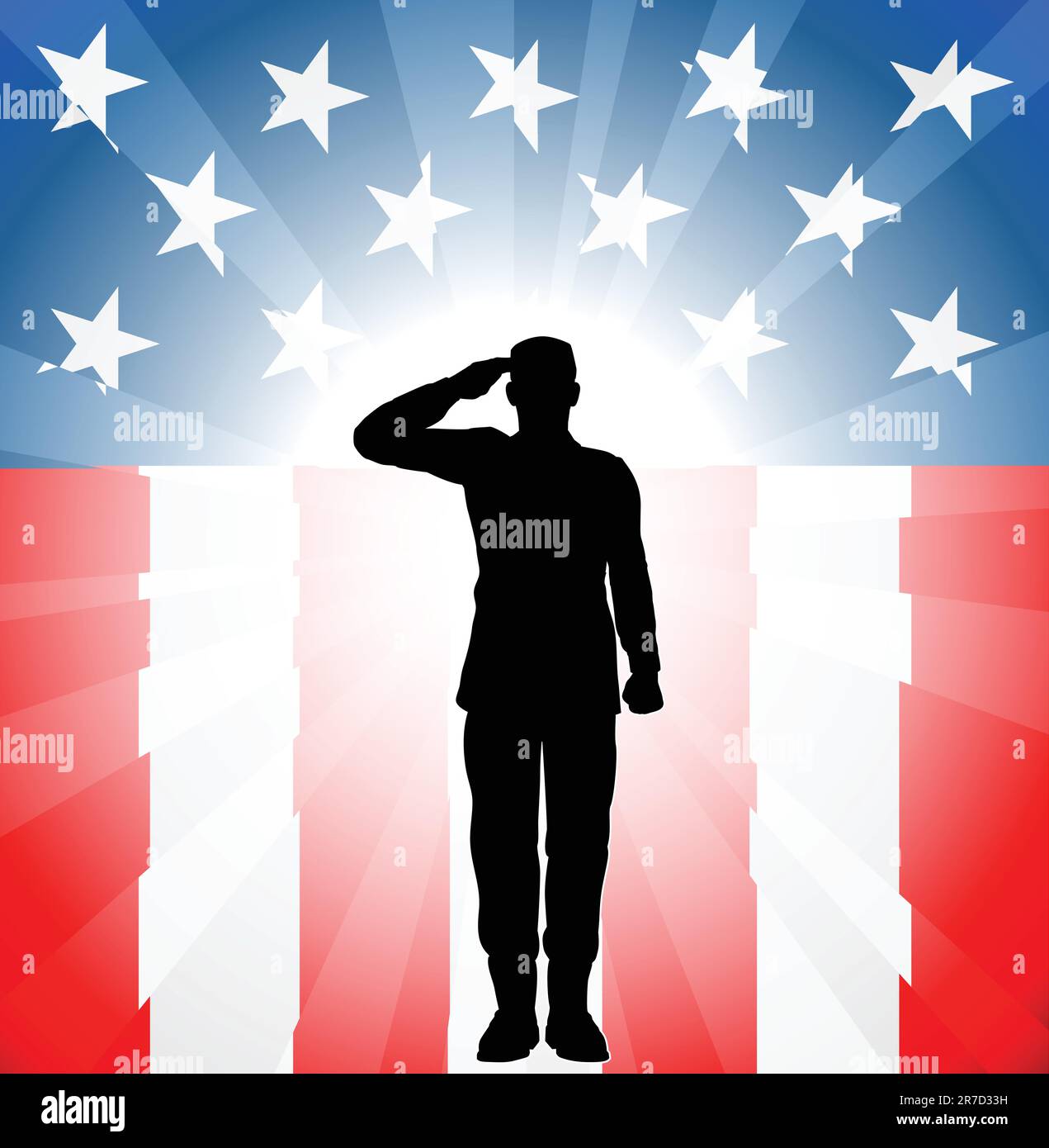 A patriotic soldier saluting in front of an American background Stock Vector