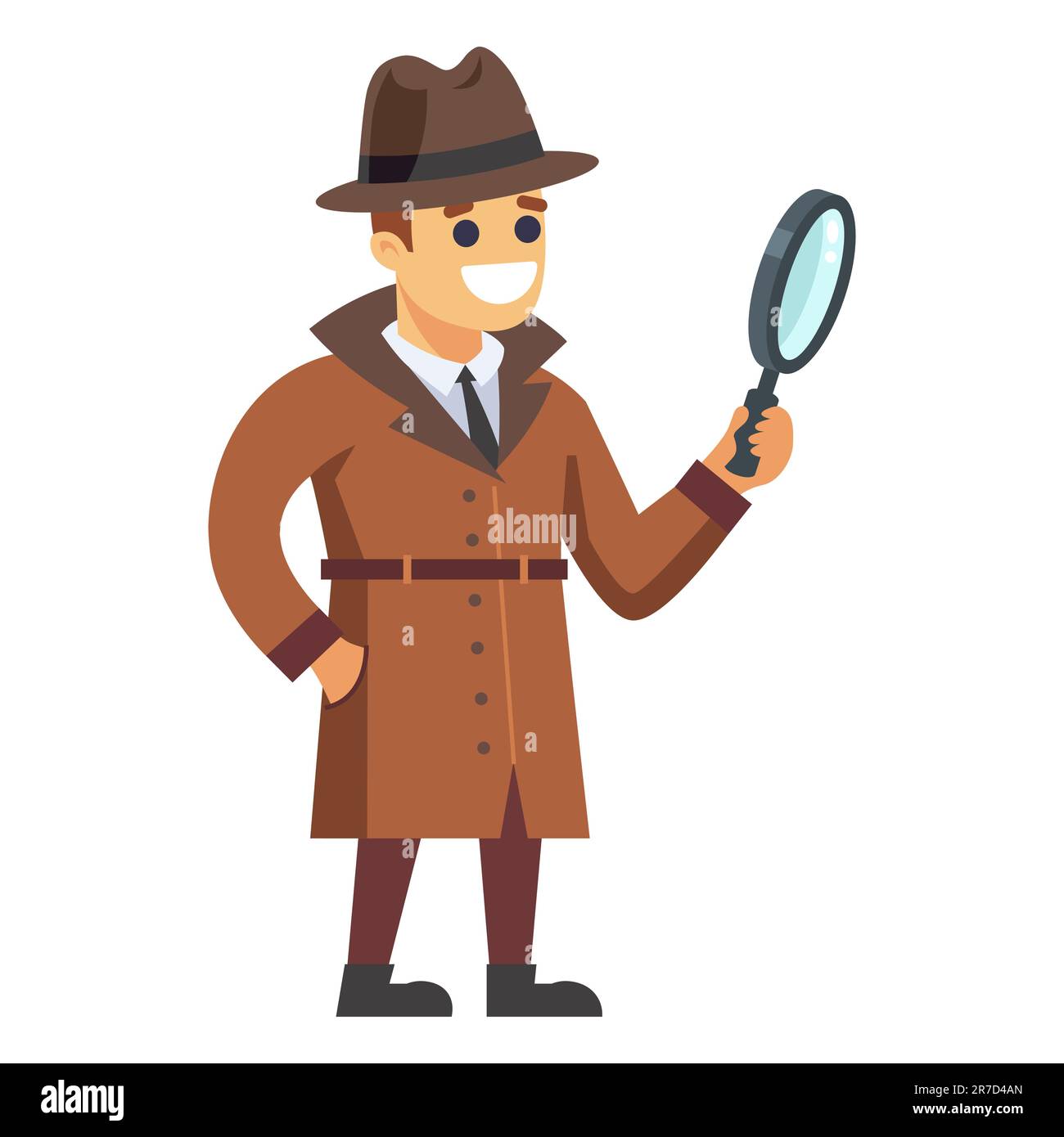 character detective in full growth and with a magnifying glass in his
