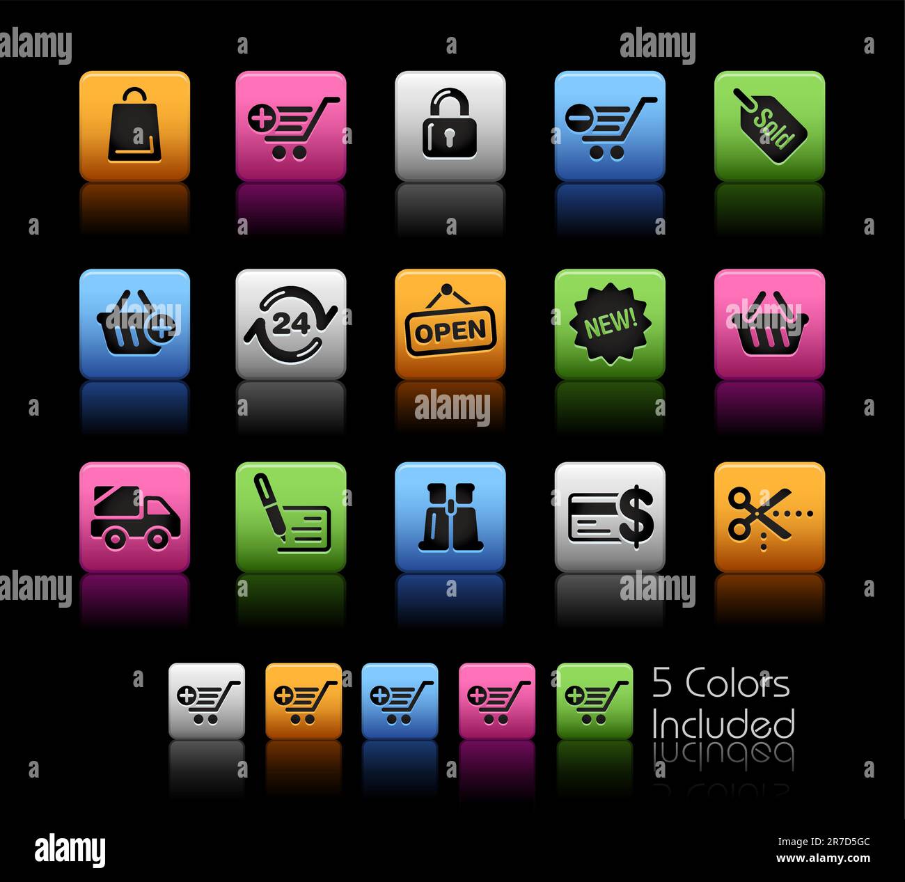 The vector file includes 5 color versions for each icon in different layers. Stock Vector