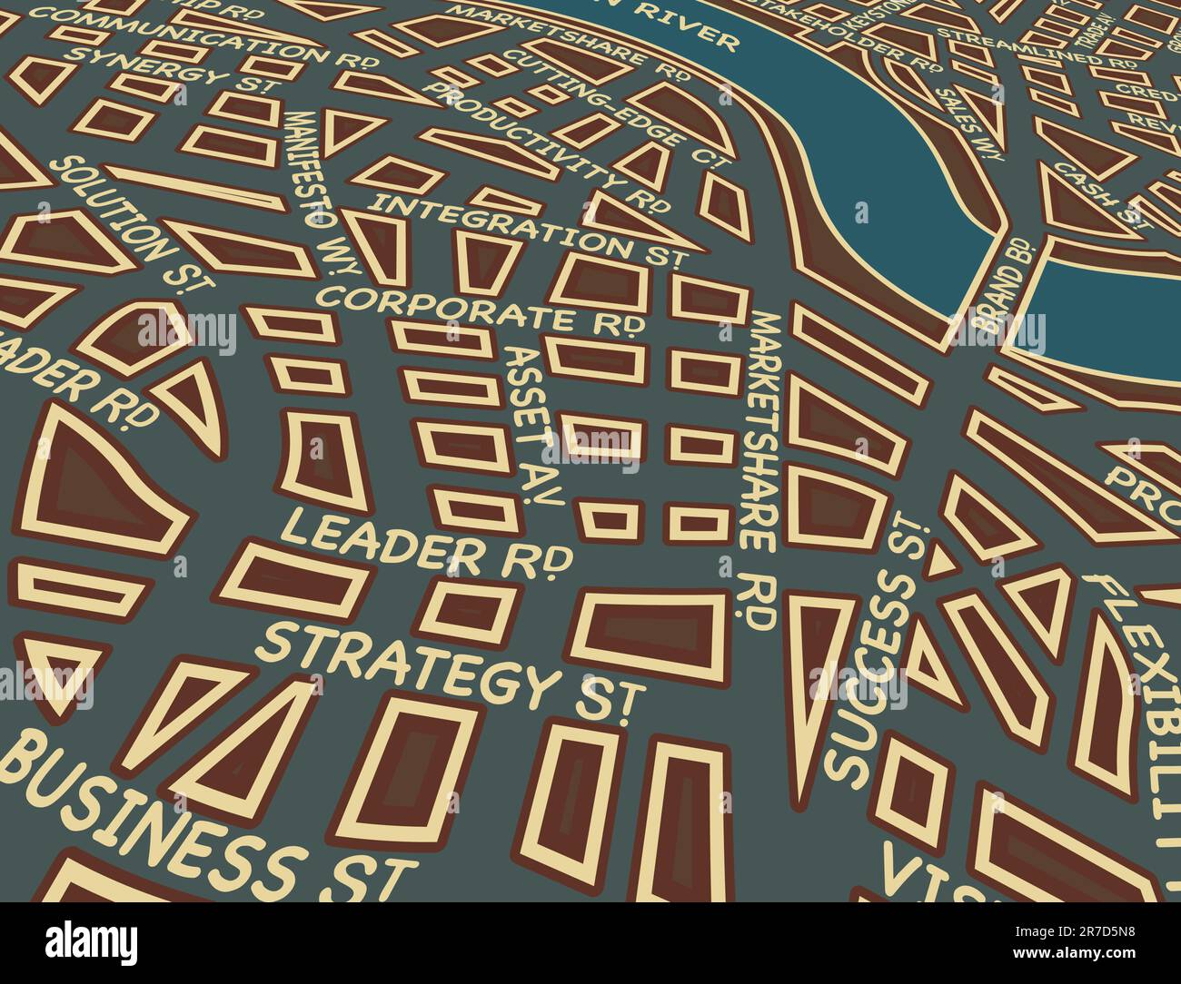 Editable vector map of a generic city with business street names Stock Vector