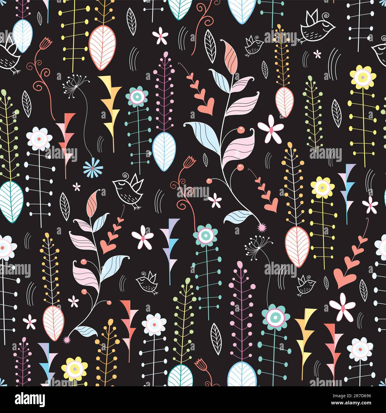 seamless floral pattern on a black background with birds Stock Vector ...