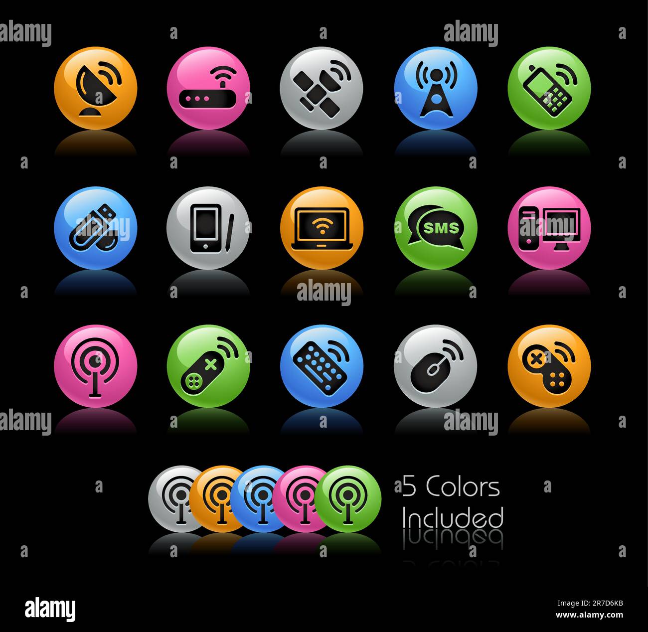 The vector file includes 5 color versions for each icon in different layers. Stock Vector