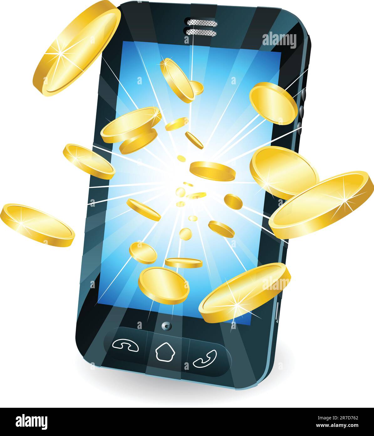 Conceptual illustration. Money in form of gold coins flying out of new style smart mobile phone. Stock Vector