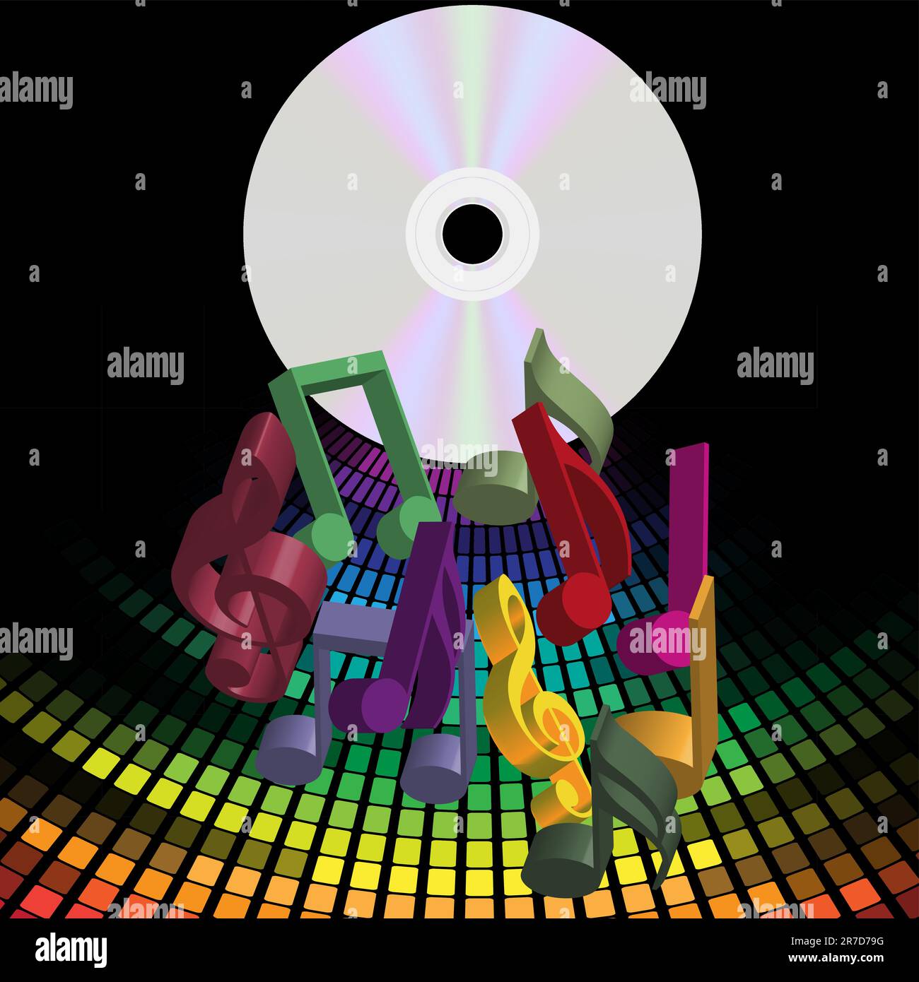 Music Party Background - CD Disc and Notes over Multicolor Equalizer Stock Vector
