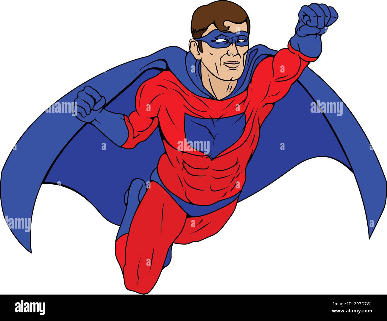 Illustration of  a super hero man dressed in red and blue costume with cape flying through the air Stock Vector