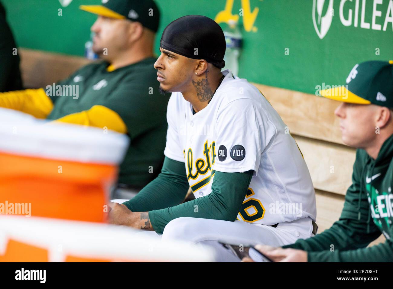 OAKLAND, CA - JUNE 14: Oakland Athletics Pitcher Luis Medina (46) sits in  the dugout after being pulled during the Major League Baseball game between  the Tampa Bay Rays and the Oakland, image size:1300x956
