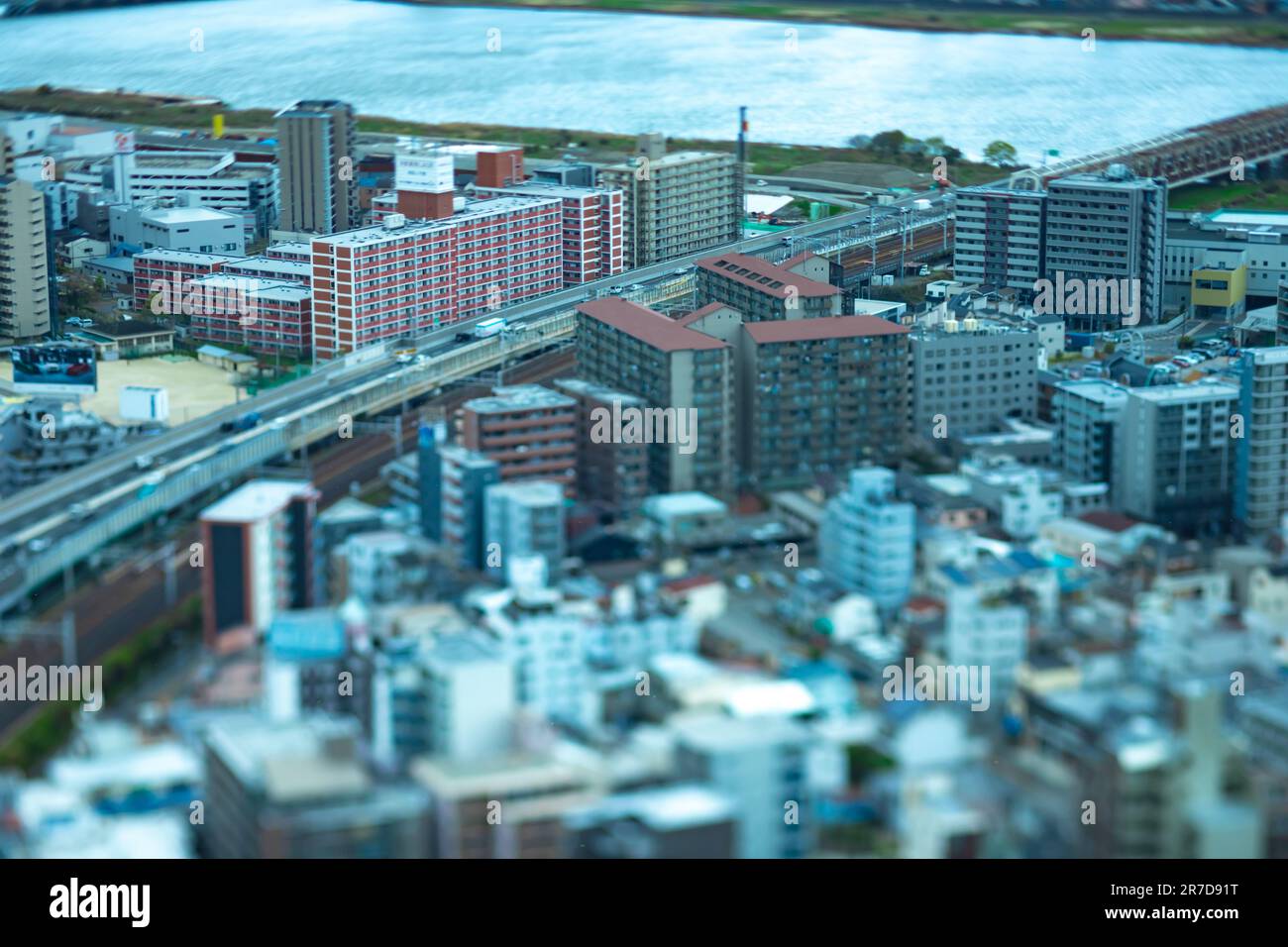 A miniature cityscape near Yodo river in Osaka Stock Photo