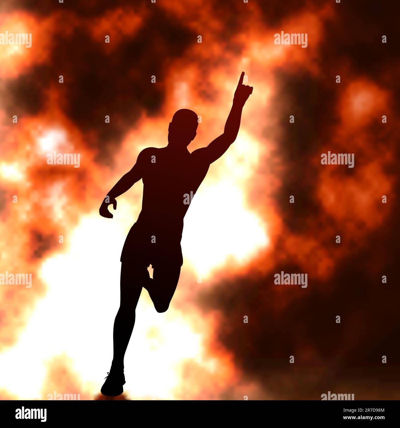 Editable vector silhouette of a running man with raised arm and fiery smoke behind with background made using a gradient mesh Stock Vector