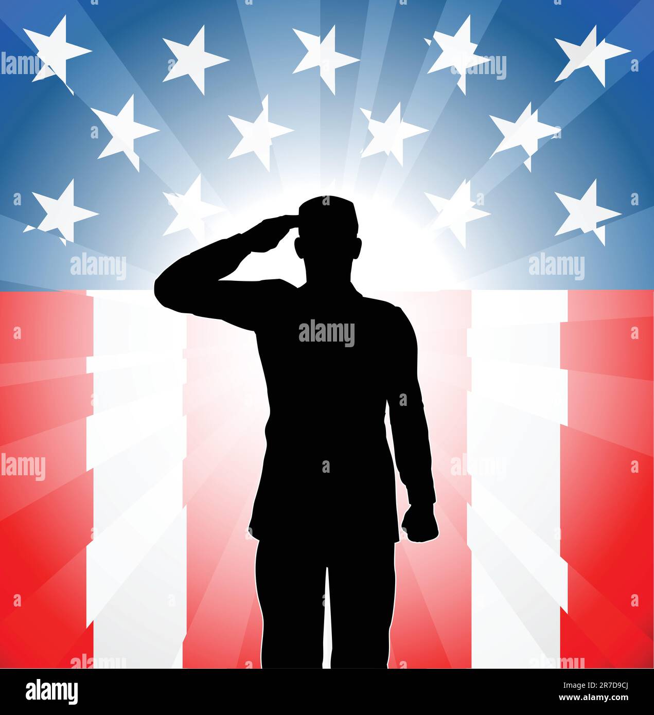 A patriotic soldier saluting in front of an American background Stock Vector