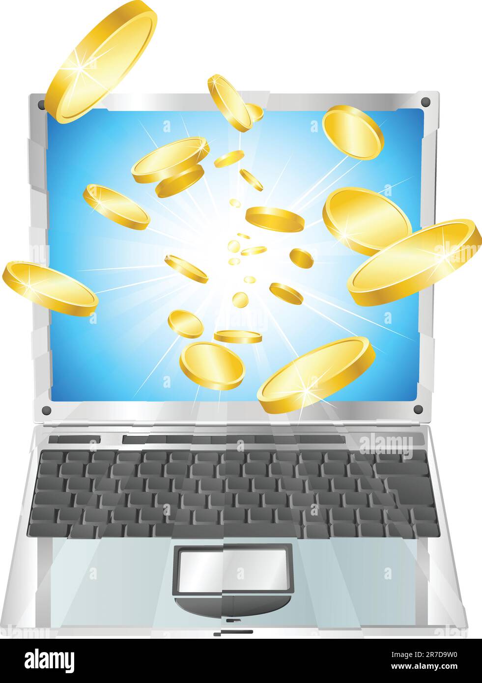 Conceptual illustration. Money in form of gold coins flying out of laptop computer. Stock Vector