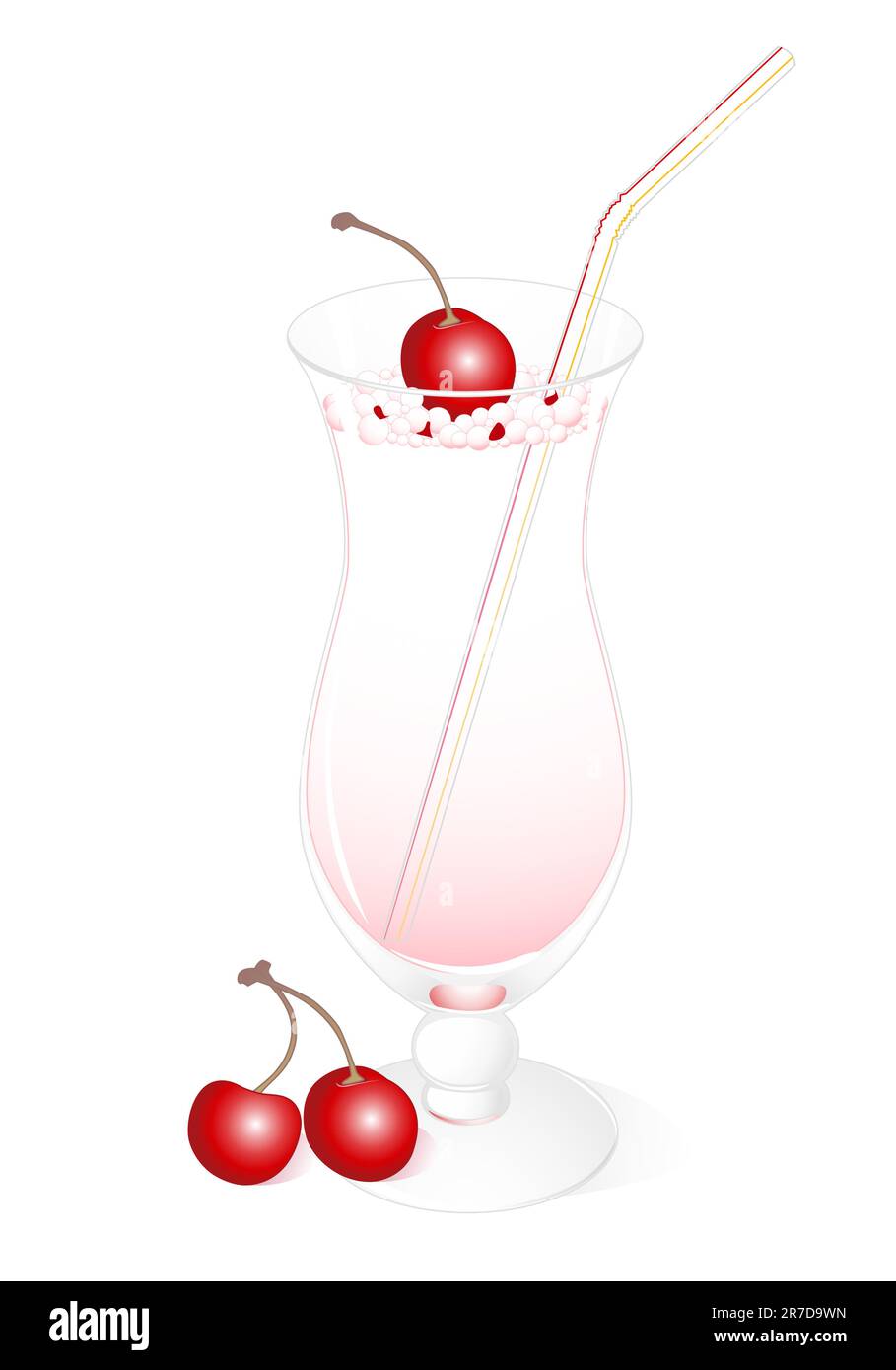 milk cocktail with a cherry and straw isolated on a white background