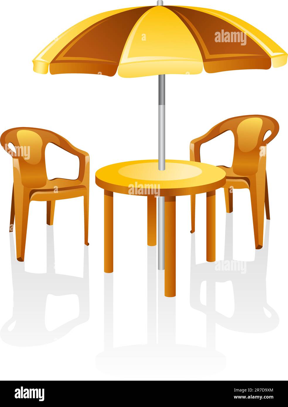 Cafe, garden furniture table, chair, parasol. Isolated on a white