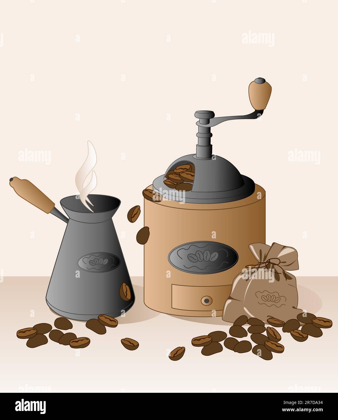 coffee grinder, cezve, coffee beans and bag Stock Vector