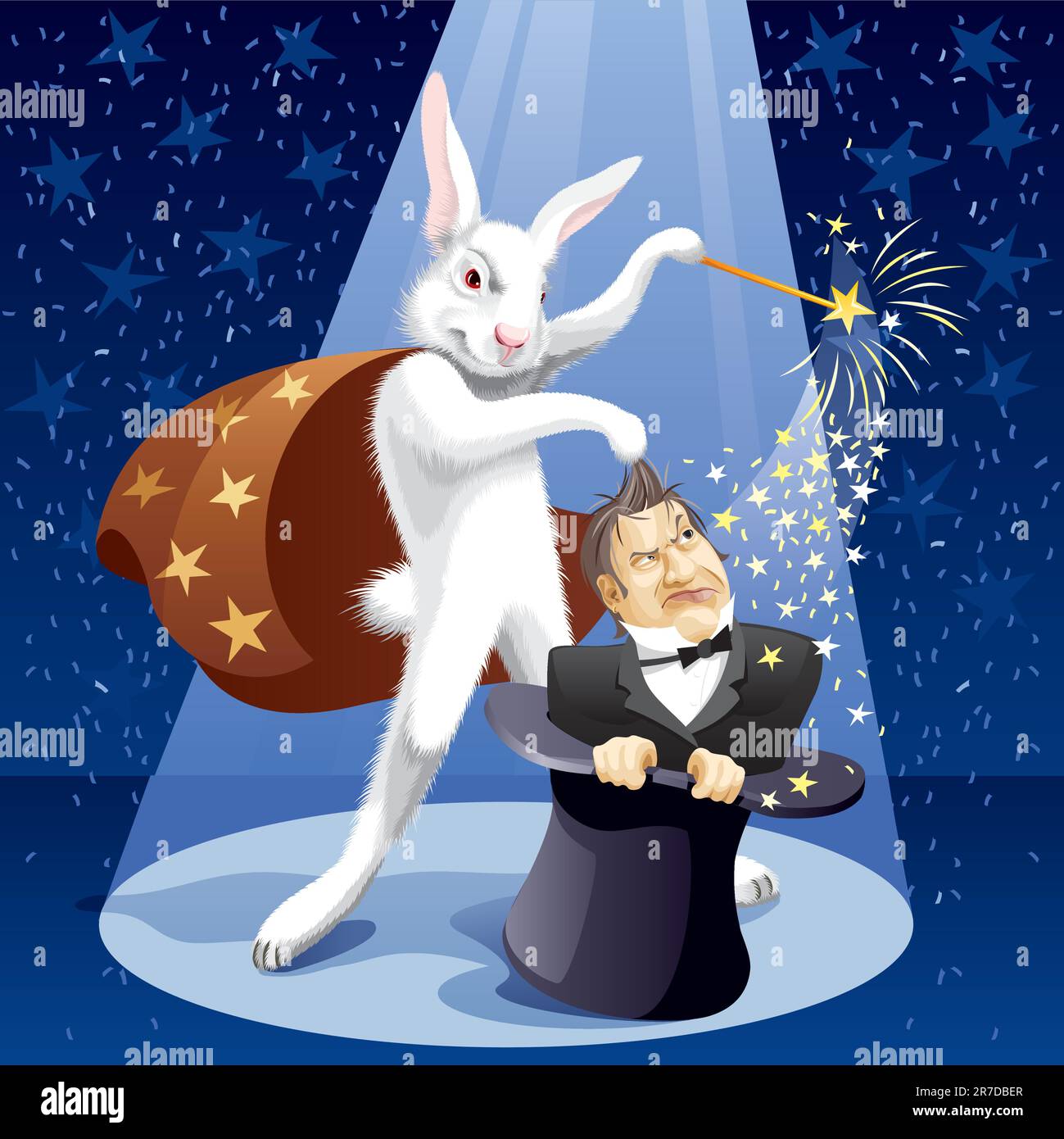 White Rabbit-illusionist pulls out a magician from a hat Stock Vector