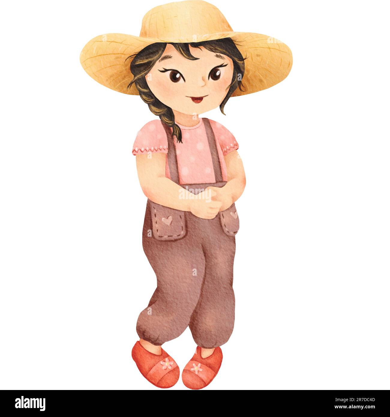 Asian beautiful girl with black pigtails. Teenager dressed farmer's  costume: overalls, T-shirt, straw hat. pose of timid, sweet, joyful girl  Stock Photo - Alamy