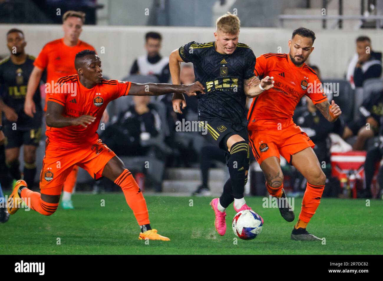 Los Angeles, California, USA. 14th June, 2023. Los Angeles FC midfielder Mateusz Bogusz (19), Houston Dynamo midfielders Luis Caicedo (27) and Artur (6) in actions during an MLS soccer match, May 17, 2023, in Los Angeles. (Credit Image: © Ringo Chiu/ZUMA Press Wire) EDITORIAL USAGE ONLY! Not for Commercial USAGE! Stock Photo