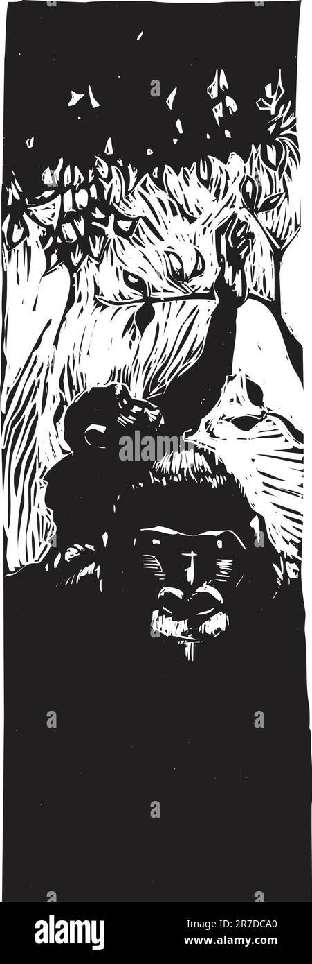 Gorilla baby on the back of an adult ape. Stock Vector