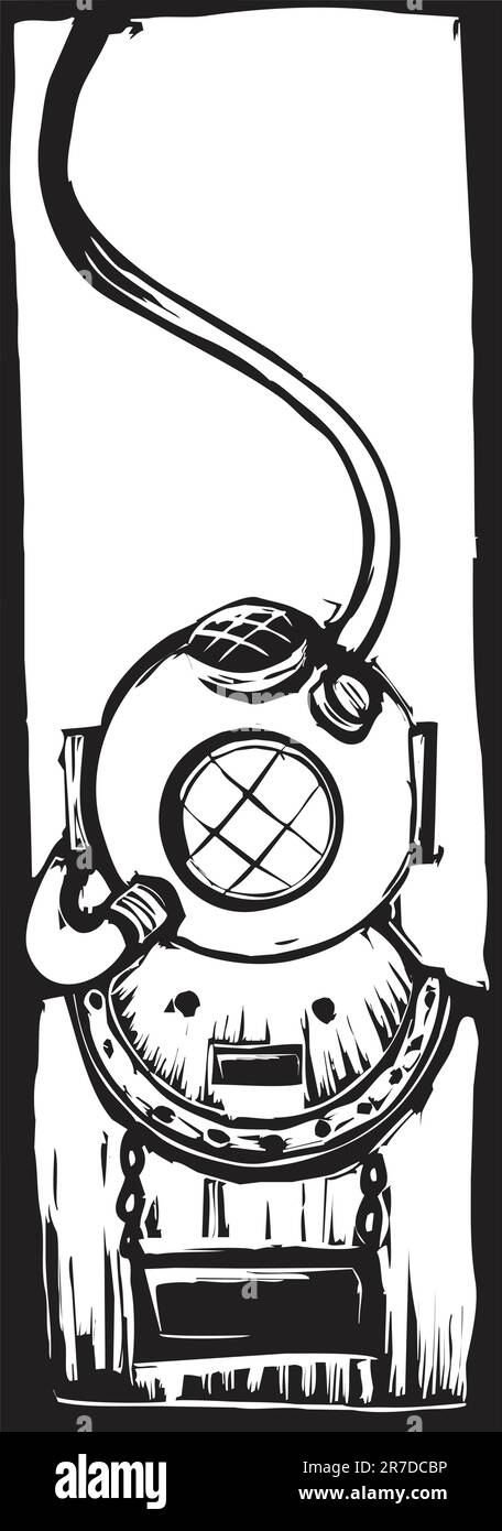 mark V classic diving helmet in a woodcut style Stock Vector