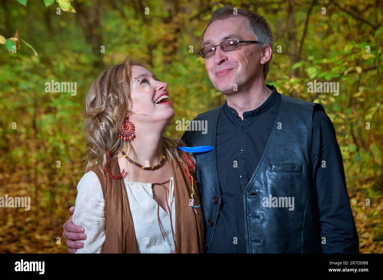 Couple in the autumn park. Half-length portrait Stock Photo
