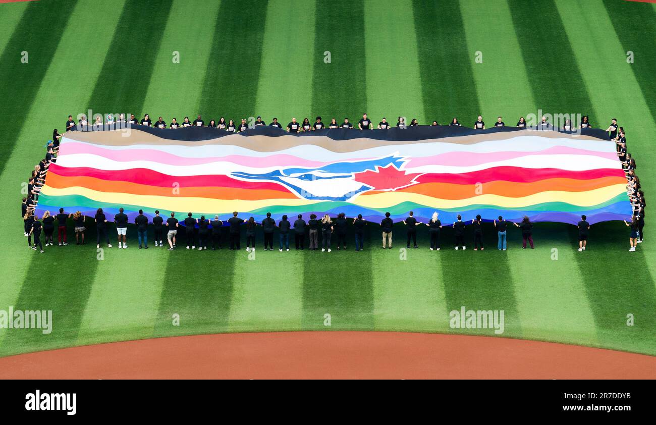 People hold a pride themed Toronto Blue Jays flag to celebrate Pride Weekend  before the Blue