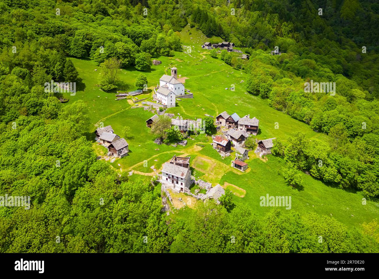 Aerial view of the small mountain walser town of Salecchio Inferiore in spring. Premia, Valle Antigorio, Verbano Cusio Ossola, Piedmont, Italy. Stock Photo