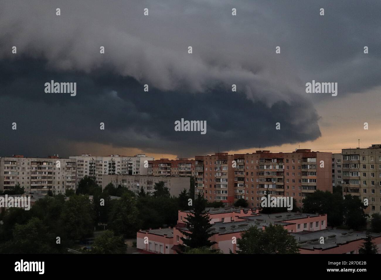 An aerial view of a bustling cityscape during a thunderstorm Stock ...