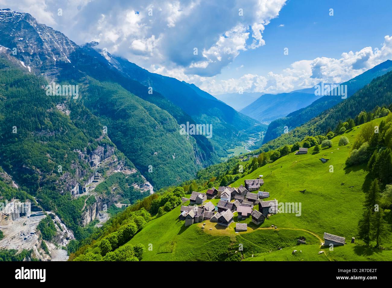 Aerial view of the small mountain walser town of Salecchio Superiore in spring. Premia, Valle Antigorio, Verbano Cusio Ossola, Piedmont, Italy. Stock Photo