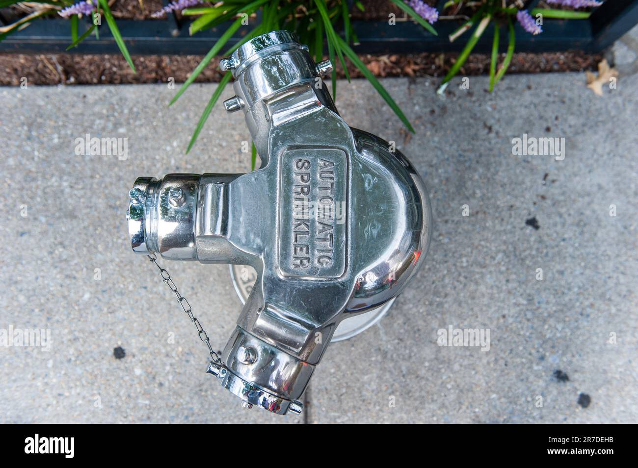 A closeup of an automatic sprinkler system installed on a concrete surface Stock Photo Alamy