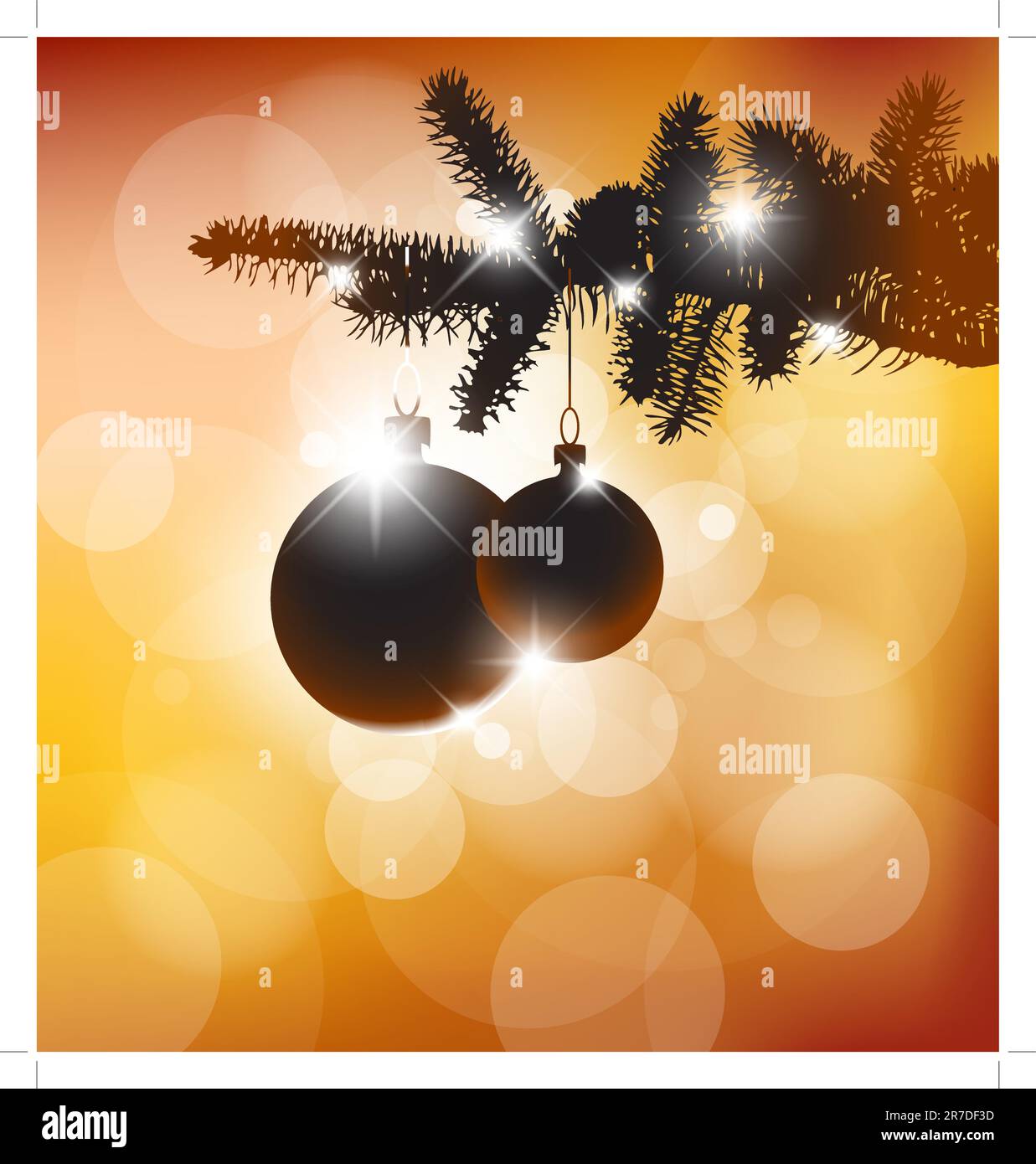 Vector silhouette of a Christmas tree with bulbs and golden lights Stock Vector