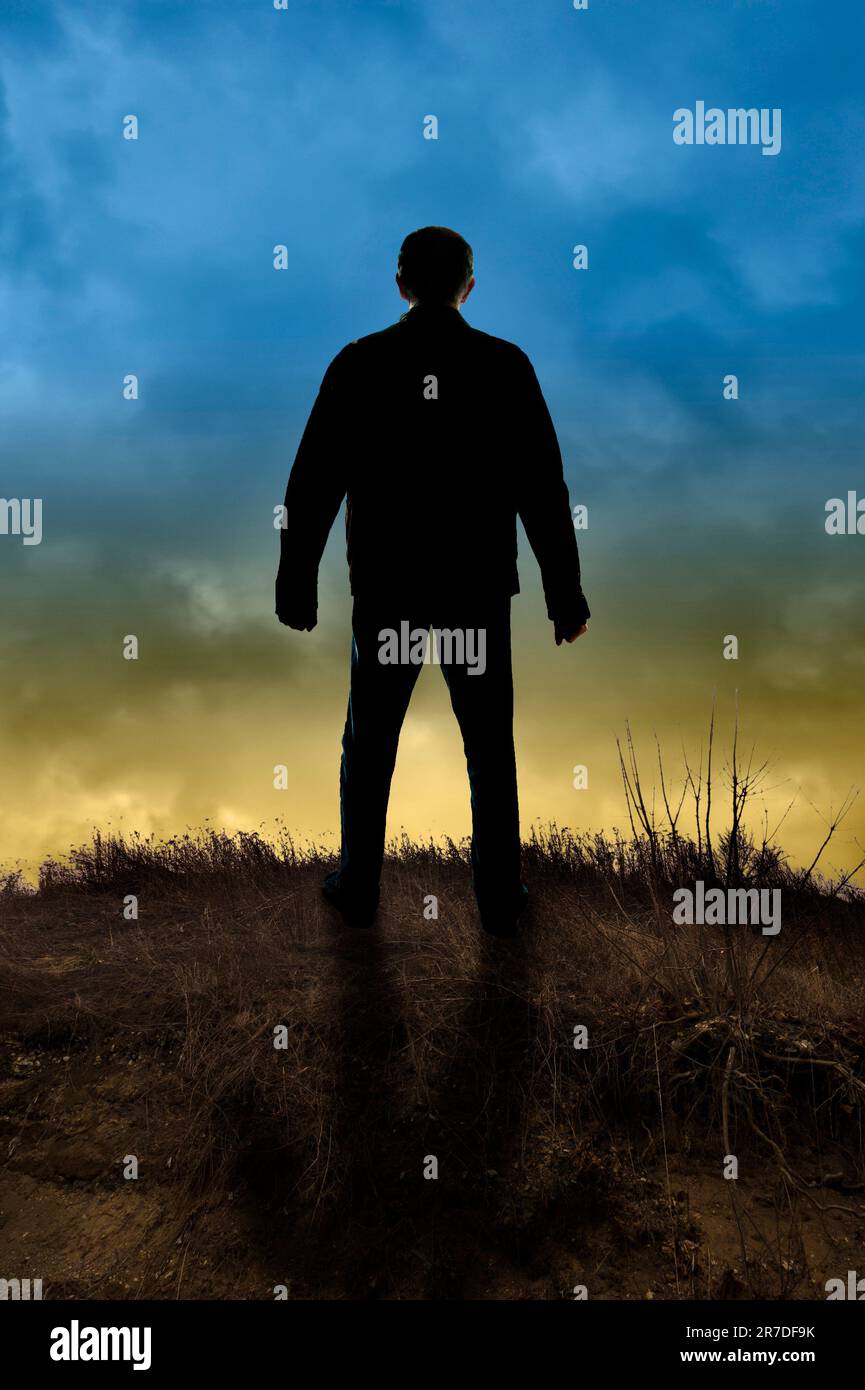silhouette of a man standing on the edge of a cliff Stock Photo - Alamy