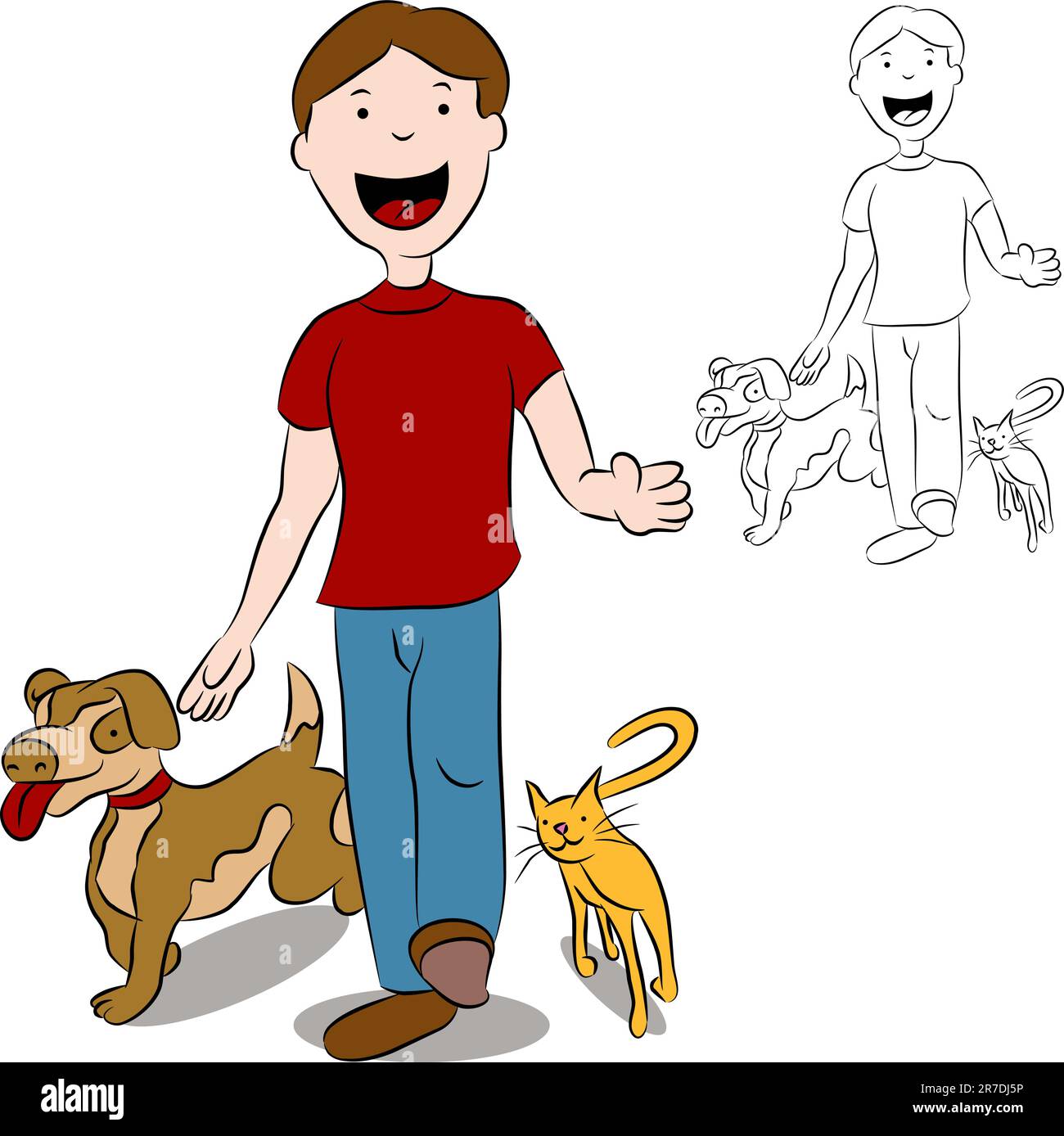 Man walking with his cat and dog in the park. Stock Vector