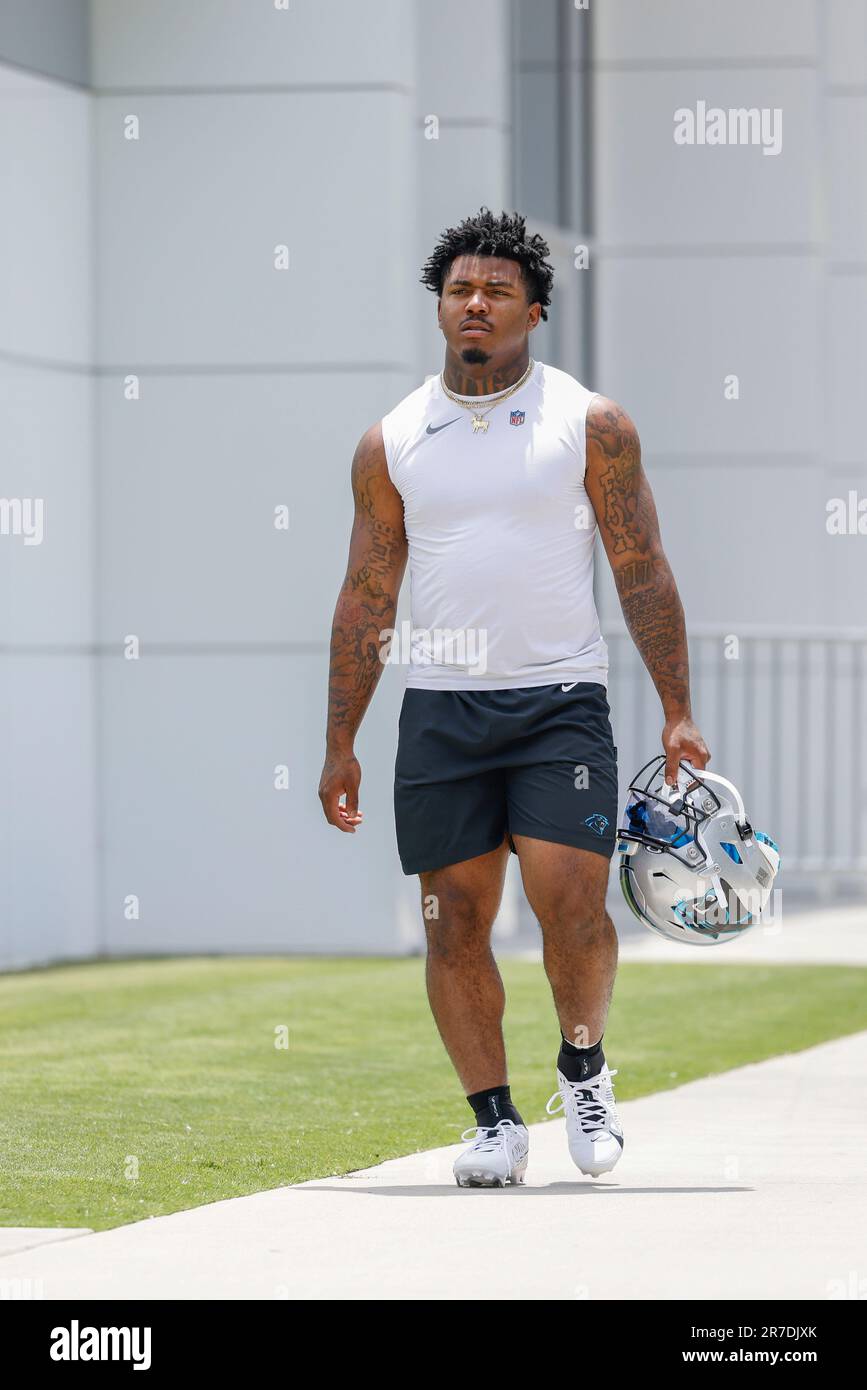 Charlotte, United States. 14th June, 2023. Carolina Panthers running back  Tiyon Evans (39) heads to the field during minicamp at Bank of America  Stadium, Wednesday, June 14, 2023, in Charlotte, NC. (Brian
