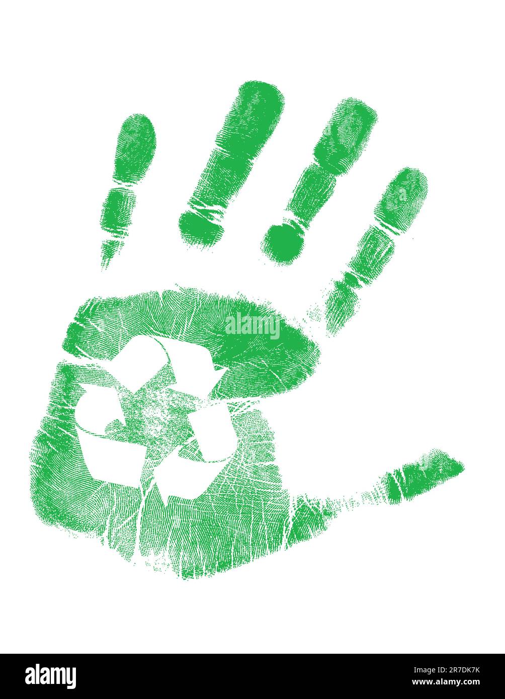 green handprint with recycling symbol in palm over white Stock Vector