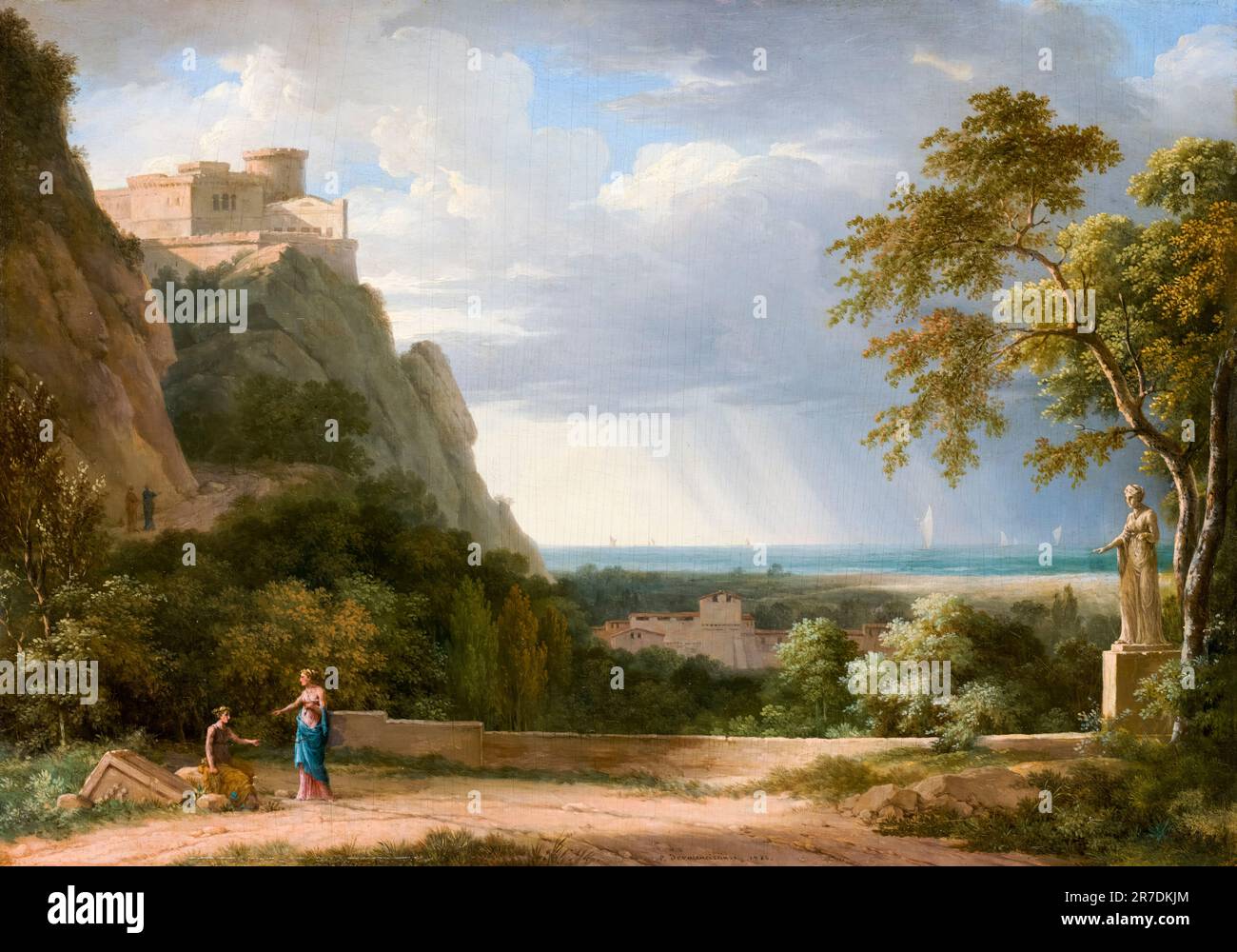 Pierre-Henri de Valenciennes, Classical Landscape with Figures and Sculpture, painting in oil on panel, 1788 Stock Photo