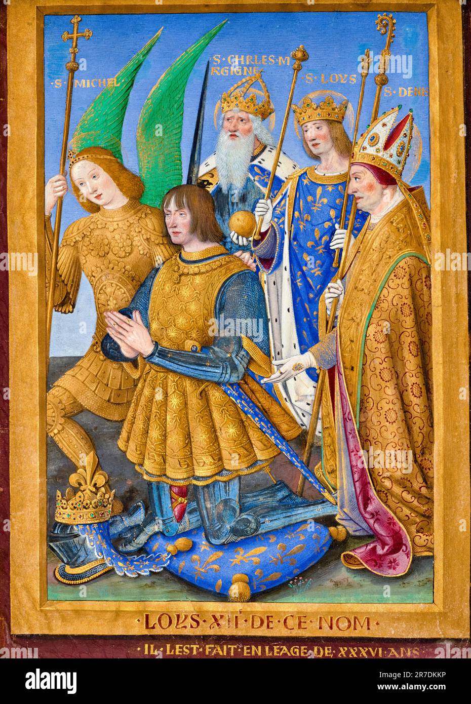 Jean Bourdichon, Louis XII of France Kneeling in Prayer, Accompanied by Saints Michael, Charlemagne, Louis and Denis, illuminated manuscript in tempera and gold, 1498-1499 Stock Photo