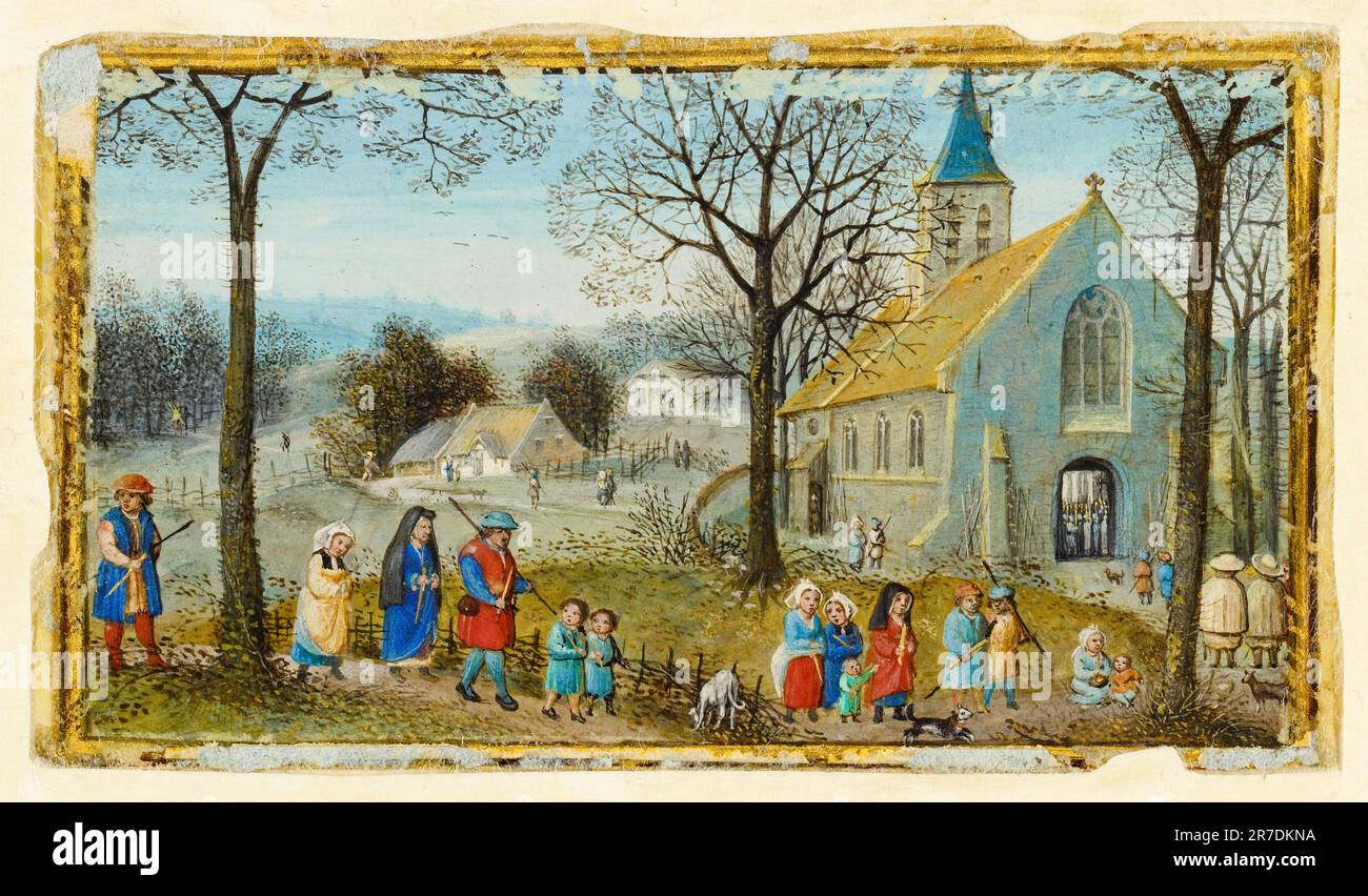 Simon Bening, Villagers on Their Way to Church, illuminated manuscript in tempera and gold paint, circa 1550 Stock Photo