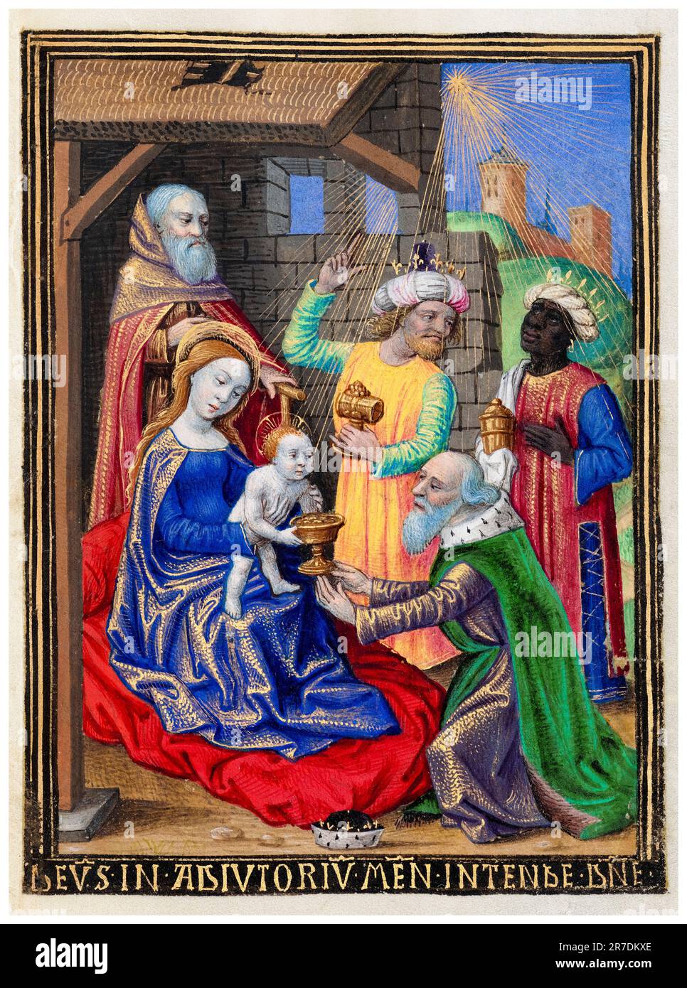 The Adoration of the Magi, illuminated manuscript in tempera, gold leaf, gold and silver paint over ink by Georges Trubert, 1480-1490 Stock Photo