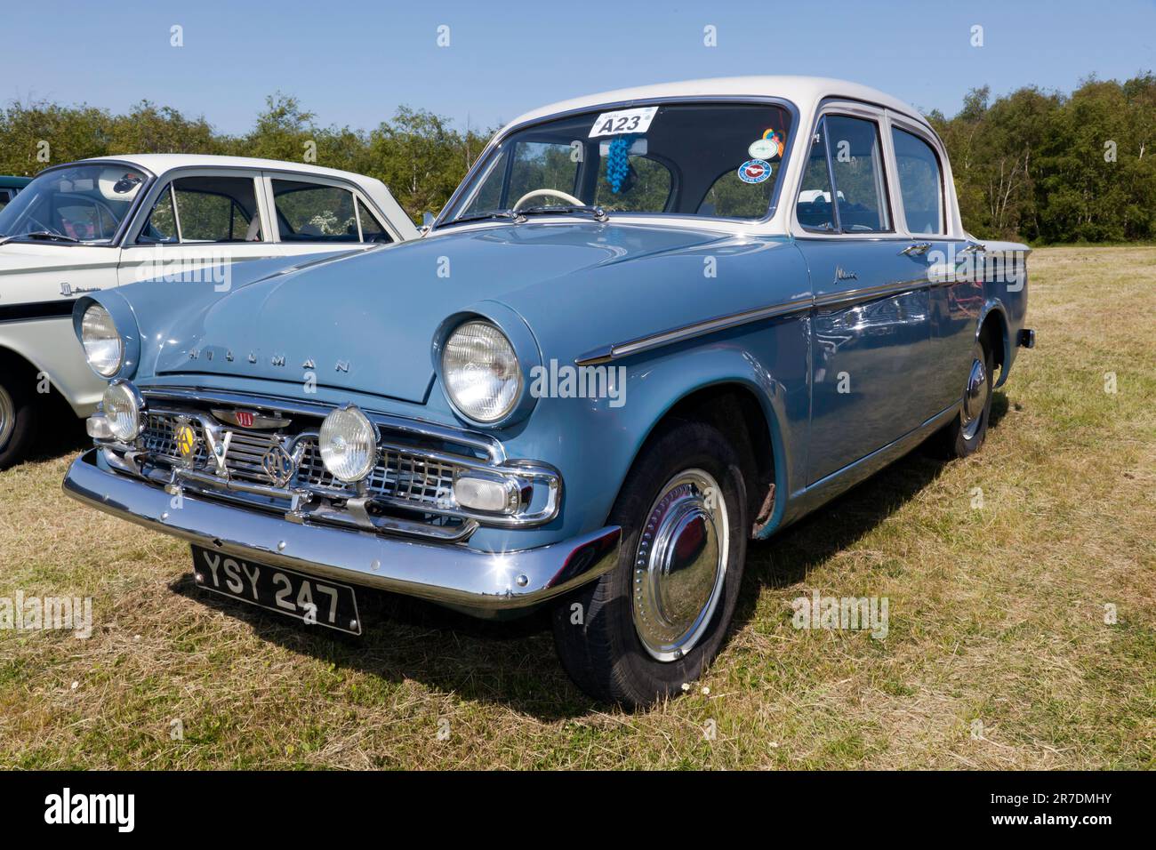 Three-quarters front view of a Blue, 1960, Hillman Minx, on display at the 2023 Deal Classic Car Show Stock Photo