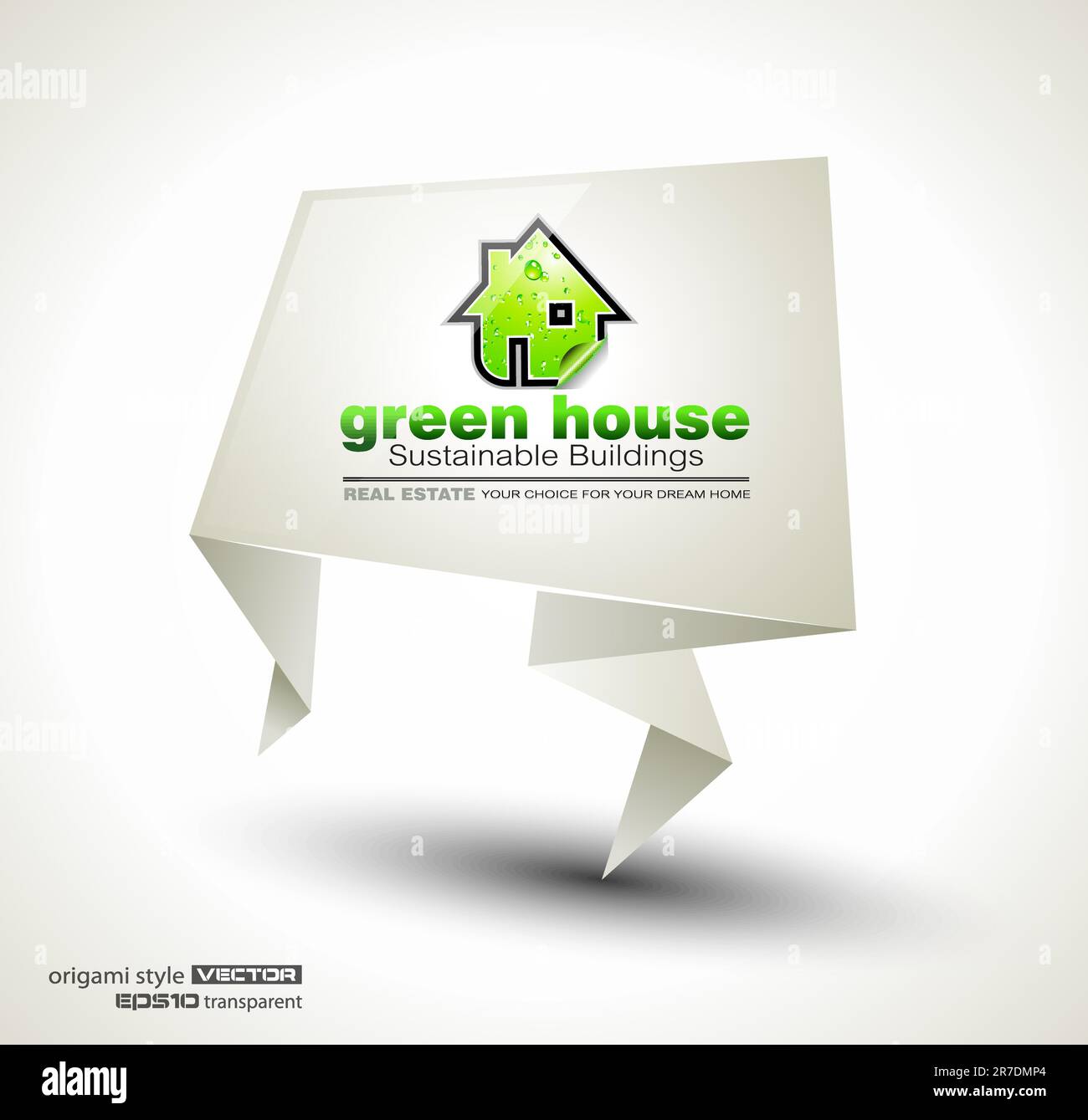 Green Real Estate abstract origami paper stand ofr advertising of available bio houses or eco buildings for sale. Shadow is transparent. Stock Vector