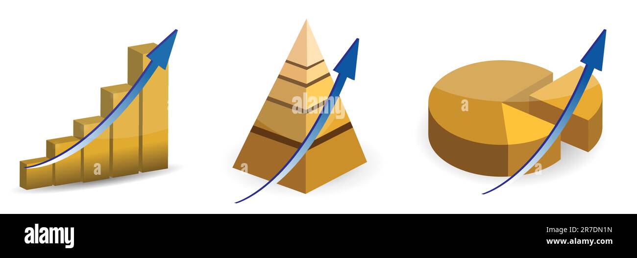 Raising pie, pyramid and bar charts. isolated over a white background