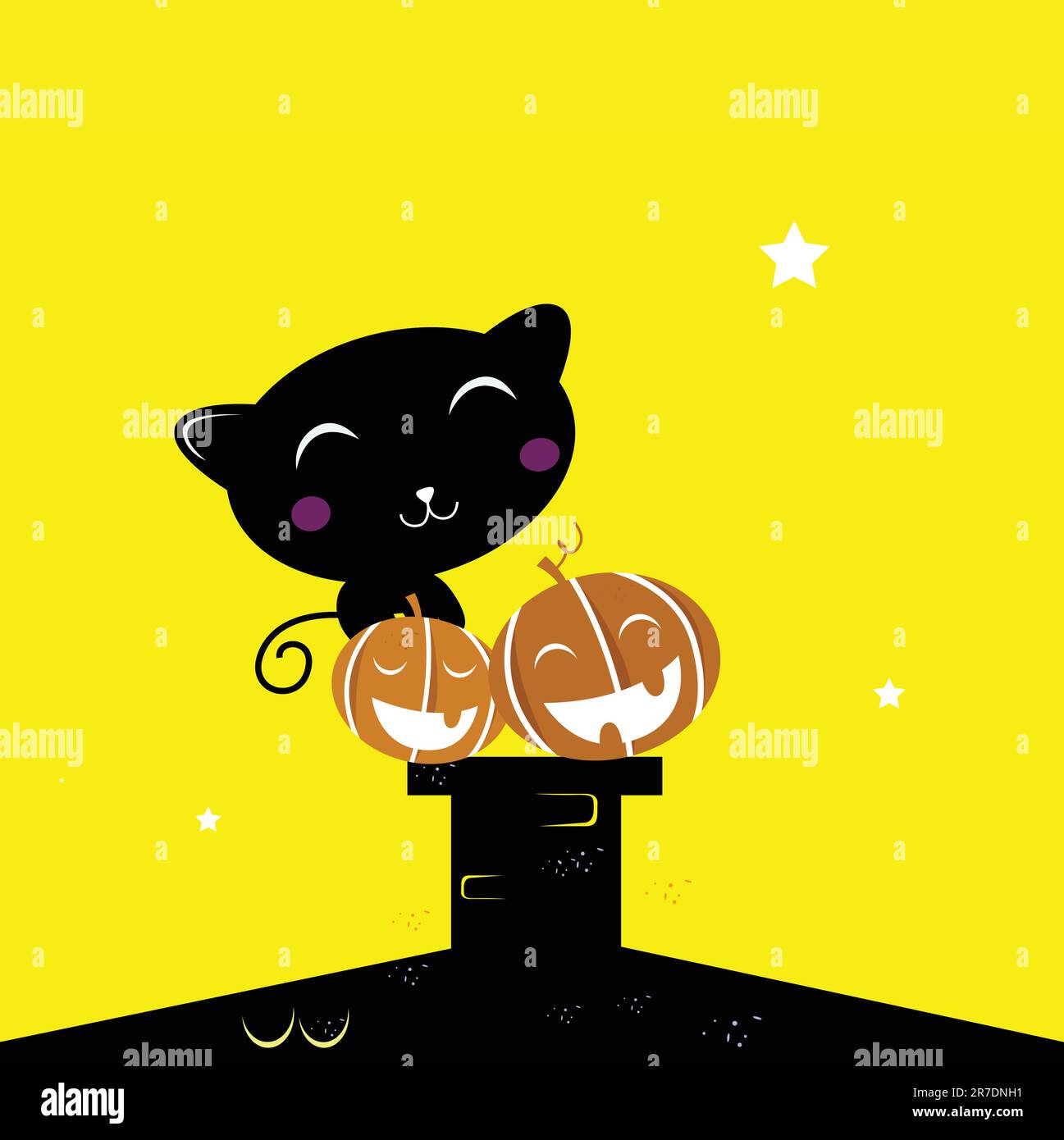 Black cat with Halloween Pumpkin heads. Vector Illustration Stock ...