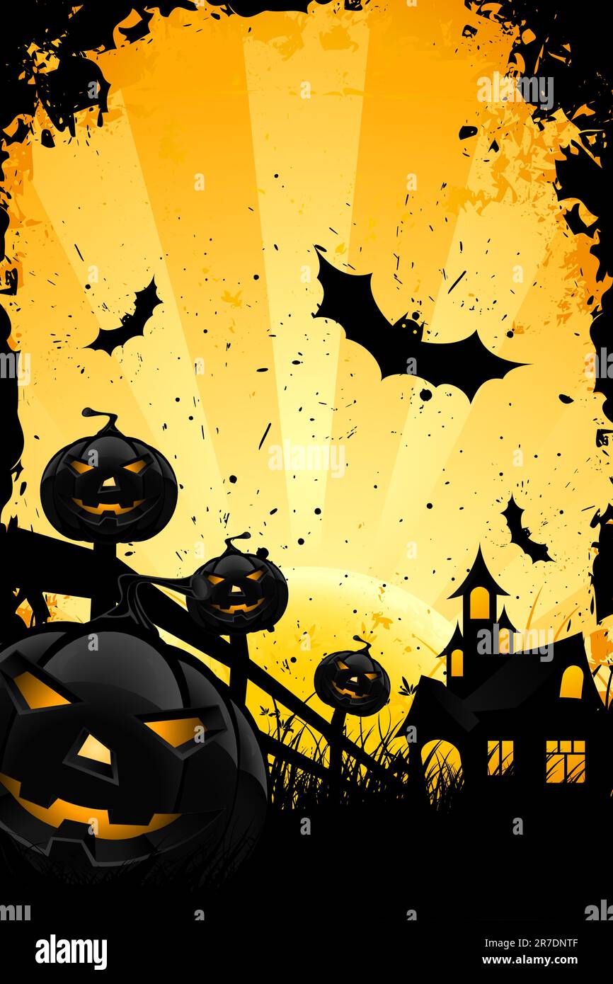 Grungy Halloween background with pumpkins bats house and full moon ...