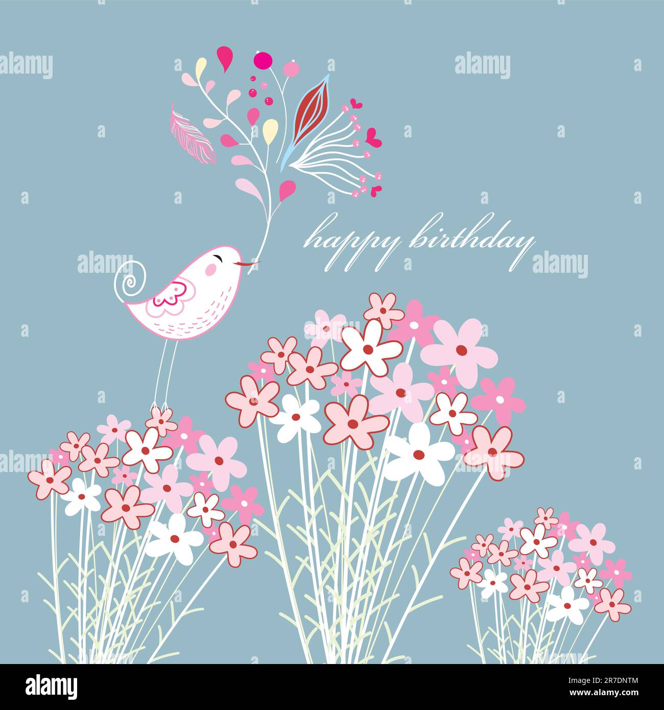 bright greeting card with a bird and flowers on a gray blue background Stock Vector