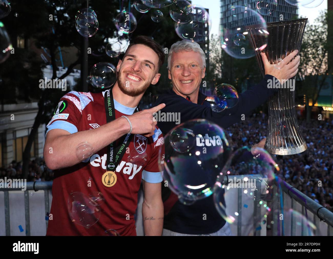 File photo dated 08-06-2023 of West Ham United's Declan Rice (left) and manager David Moyes. The Premier League has announced the fixture schedule for the 2023/24 season, which starts on Friday 11 August 2023. Issue date: Thursday June 15, 2023. Stock Photo